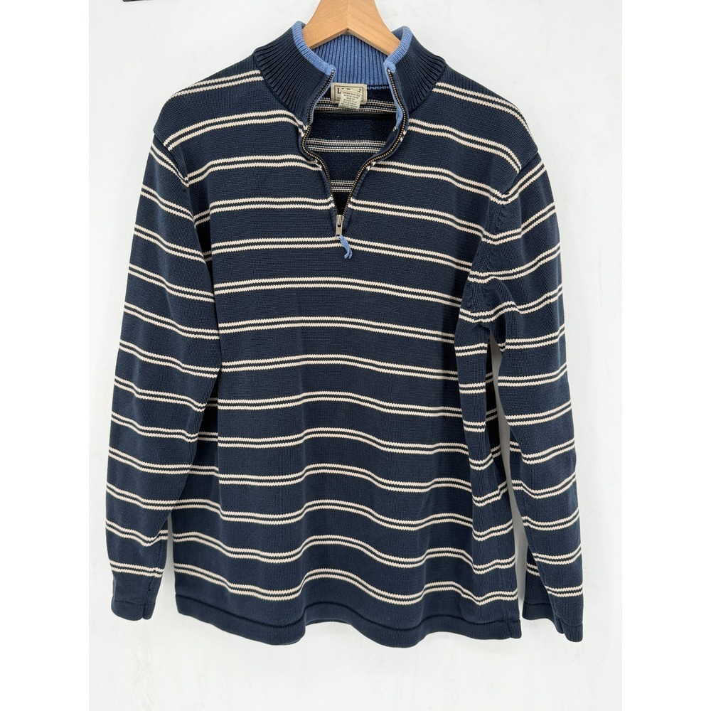 LL Bean Quarter Zip Pullover Sweater Men XL-Tall Navy Blue Striped Cotton Ribbed